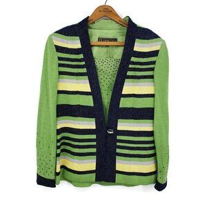 New Donna Vinci Knits Jacket Womens 8 Lime Green Striped Rhinestones 13188